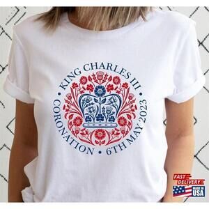 King Charles Iii Coronation Souvenir Red Blue Emblem Badge Shirt